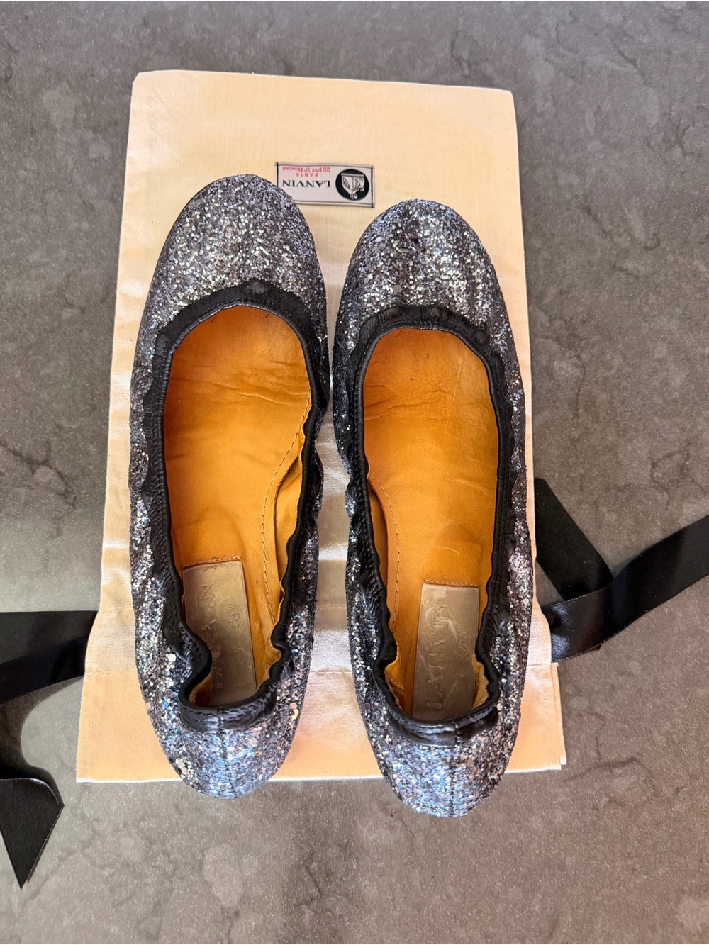 Authentic Lanvin Silver Sparkle Elasticized Leather Ballet Flats 39.5